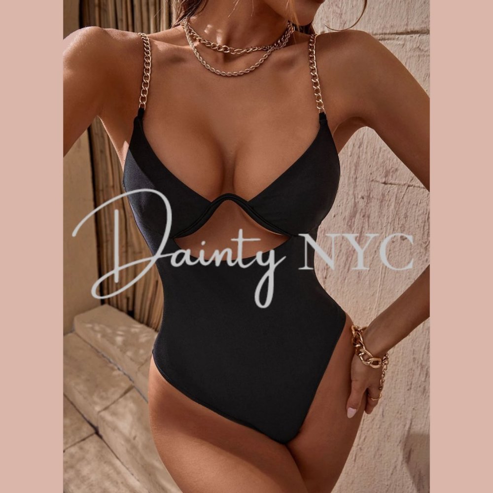 Chain Detail Swimsuit Monokini Swimsuit Gold Chain Straps Cutout Metallic - Picture 4 of 7